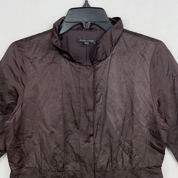 Eileen Fisher Coat Womens XS Steel Satin Metallic Jacket Crinkled Trench Luxury - Picture 2 of 13